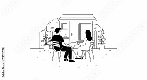 Couple enjoying coffee together at an outdoor cafe with a simple line art style vector