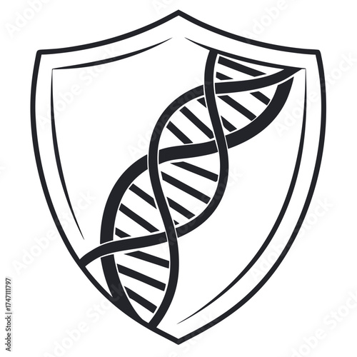 Black D N A helix inside a shield outline on white