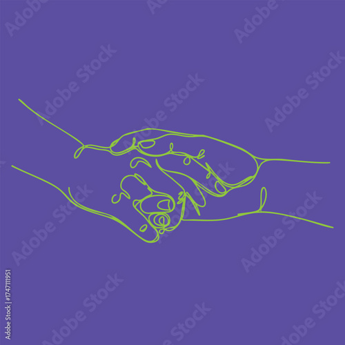 Minimalist line drawing of two hands gently holding each other on a vibrant purple