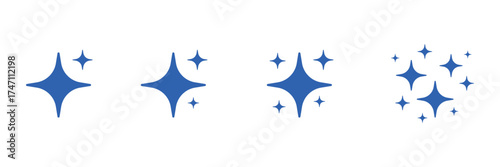 Four stylized blue starbursts with sparkling highlights and a scattering of smaller stars isolated on transparent background