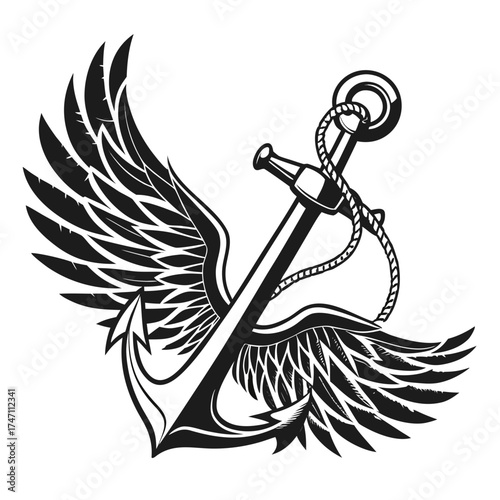 Black anchor with feathered wings logo graphic nautical