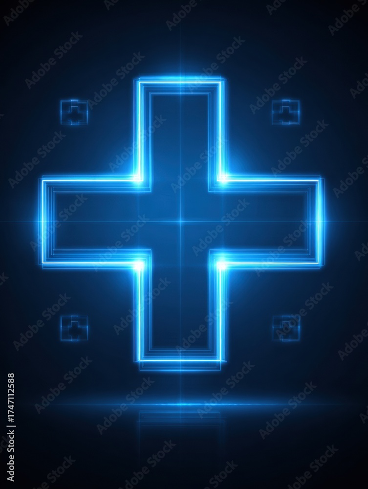 Obraz premium Glowing Blue Plus Sign Symbol Against a Dark Background, Representing Health and Medical Themes in a Sleek Digital Design