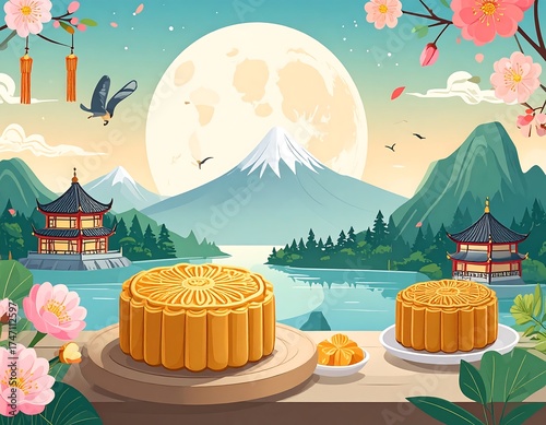 Mid-Autumn Festival scene.  Mooncakes rest on a wooden surface by a tranquil lake,  Asian-inspired pagodas and mountains in the background.  A full moon illuminates the serene landscape
