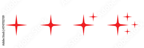 Four glowing red abstract starbursts with a subtle glitch effect isolated on transparent background