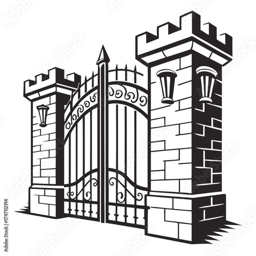 Black castle gate with ornate ironwork and stone towers