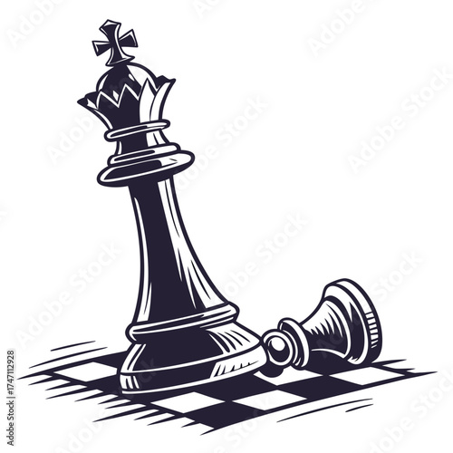 Black chess king piece fallen on chessboard vector