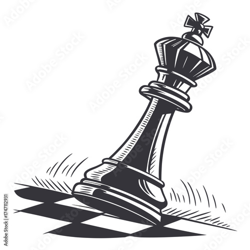 Black chess king piece falling on checkered board vector