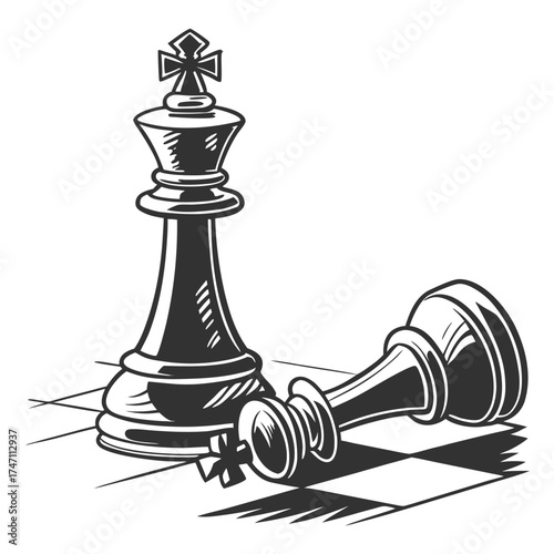 Black chess king standing over fallen king on white background