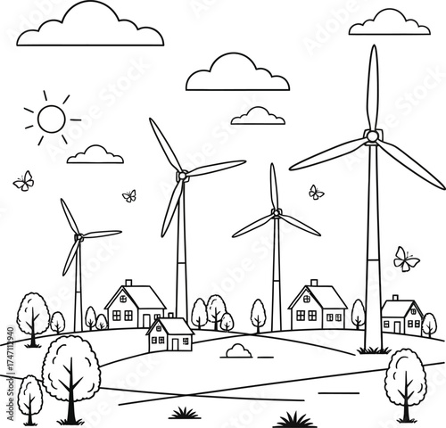 Whimsical hand drawn sketch of wind turbines powering a small village under a sunny sky