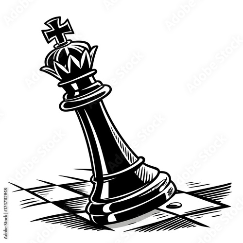 Black chess king piece falling on white background
