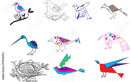 Whimsical bird illustrations, colorful avian collection perfect for children's books or springtime crafts, unique design elements, nature celebration, joyful art