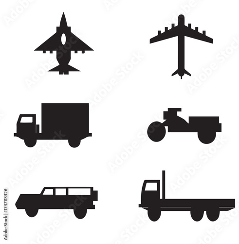  Set of transport icons. Truck, plane, truck, plane, plane. Vector illustration