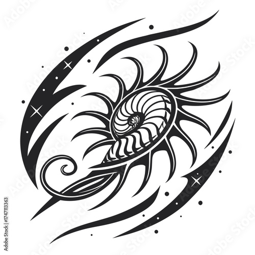 Black abstract nautilus shell spiral graphic white