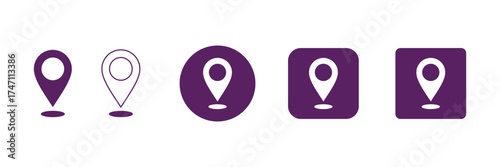 Five purple map location pin icons with a white pointer symbol isolated on transparent background