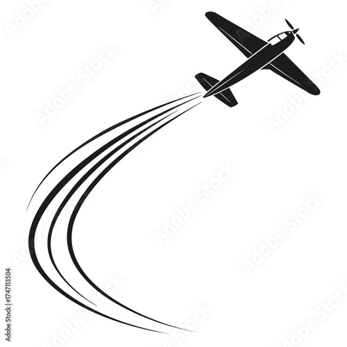 Black airplane with curved trails on white background