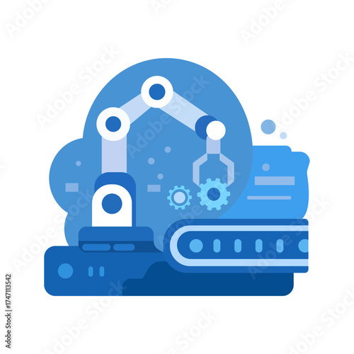 A flat design vector illustration of an industrial robotic arm working over a conveyor belt. The arm's gripper is moving a gear