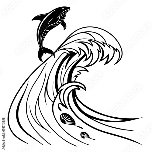 Black dolphin leaping from stylized wave jumping ocean