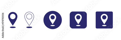 Collection of blue location pin icons and map markers in various shapes isolated on transparent background