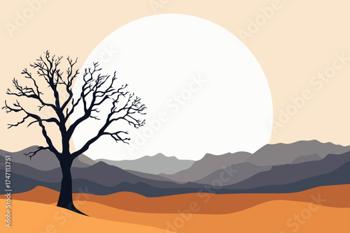 Minimalist desert landscape illustration with lone tree, mountains, and large sun