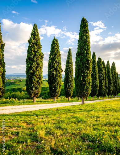 Tuscan cypress trees line a country road