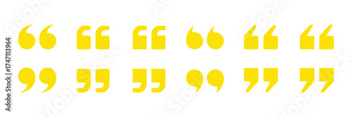 Collection of yellow quotation marks and inverted commas in various styles isolated on transparent background