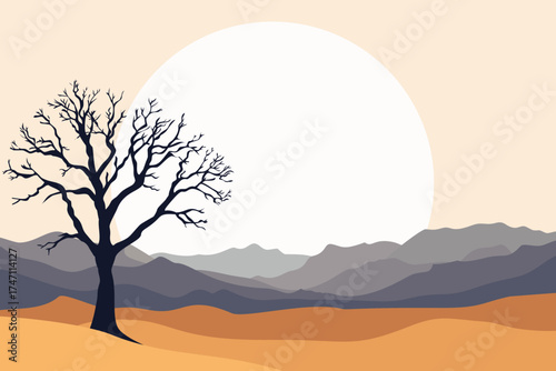 Minimalist desert landscape illustration with lone tree, mountains, and large sun