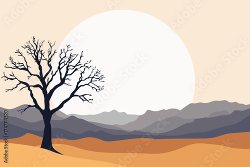 Minimalist desert landscape illustration with lone tree, mountains, and large sun