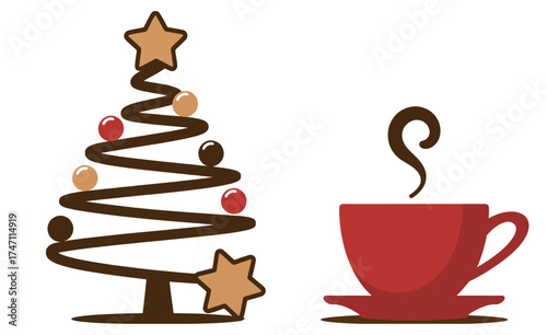 Creative Christmas Tree Made of Chocolate with Steaming Red Cup of Coffee or Cocoa – Cozy Winter Holiday Composition for Seasonal Food and Drink Background