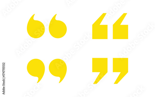 Four different styles of quotation marks in bright yellow isolated on transparent background