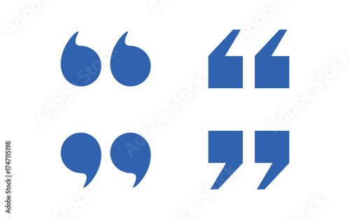 Four different styles of blue quotation marks displayed in a grid isolated on transparent background