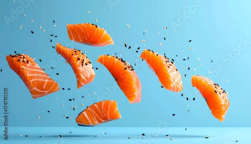 Salmon slices, black sesame,  light blue backdrop