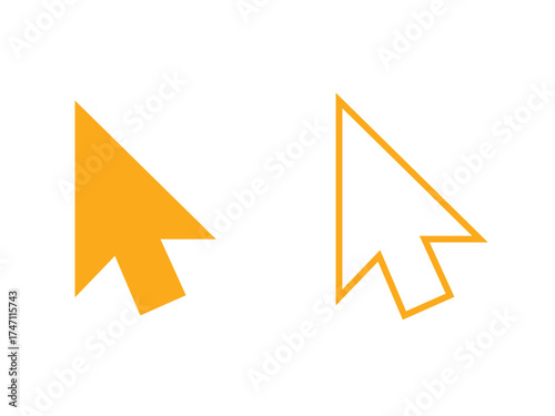 Two orange computer mouse cursors one solid and one outlined isolated on transparent background