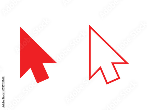 Two red computer mouse cursors one solid and one outlined isolated on transparent background