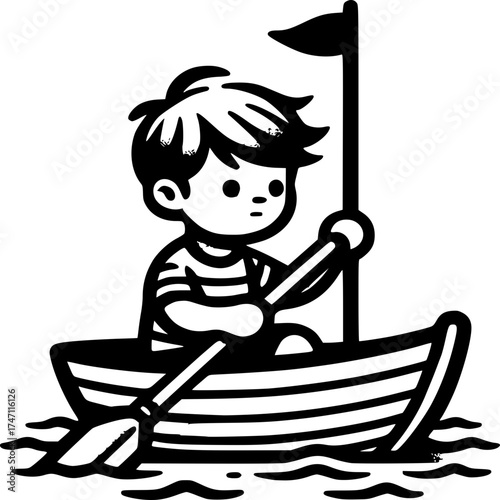Little Sailor's Adventure: A charming illustration of a young boy navigating a small boat, his expression full of determination as he embarks on an imaginary voyage of exploration.