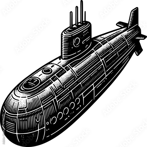 Submarine Illustration: An illustration showcases a detailed view of a submarine, featuring its distinctive hull, conning tower, and various technical elements.