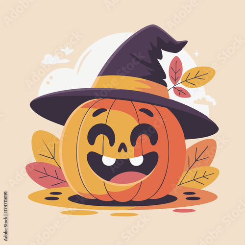 Funny pumpkin character wearing a witch hat