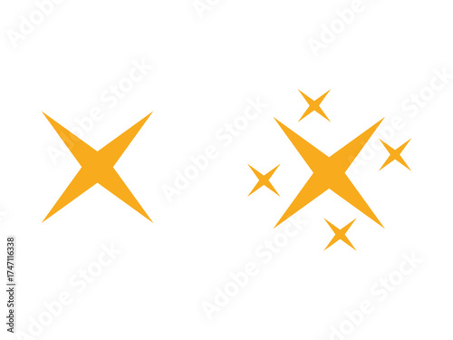 Two bright yellow starbursts with four points and a cluster of smaller sparkling stars isolated on transparent background