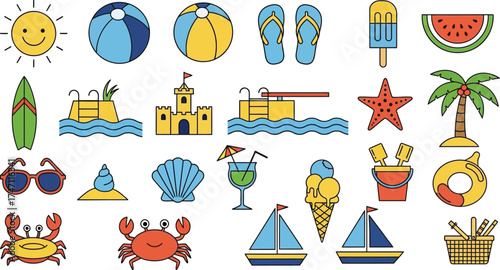 Summer Fun Icons Beach Essentials and Vacation Elements in a Colorful Vector Illustration