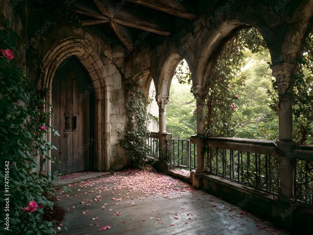 Obraz premium An old stone balcony with ivy covered arches and a weathered wooden door leading to a lush hidden garden bathed in soft natural light