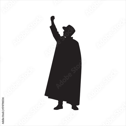 Superhero silhouette raising hand in victory pose — powerful minimal vector illustration of heroic strength