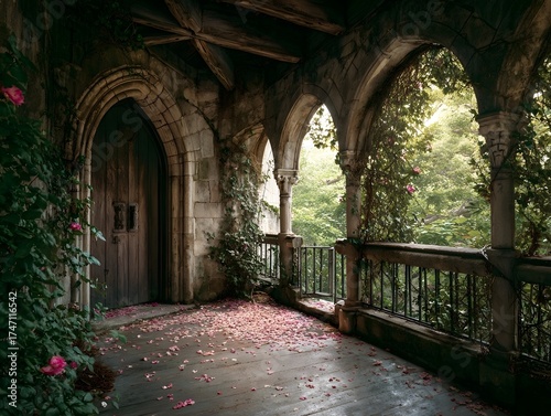 An old stone balcony with ivy covered arches and a weathered wooden door leading to a lush hidden garden bathed in soft natural light