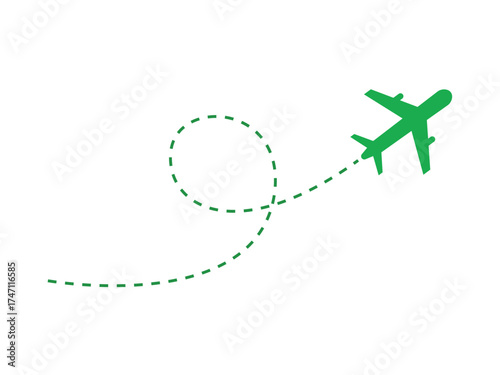 Green airplane flying and leaving a dotted line trace in a loop isolated on transparent background