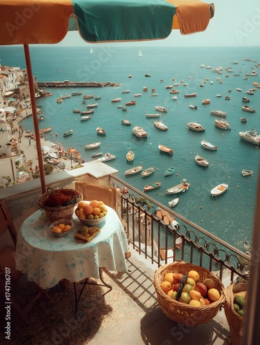 Rooftop balcony overlooking a vibrant coastal harbor with colorful boats fruit and striped umbrella on a summer day