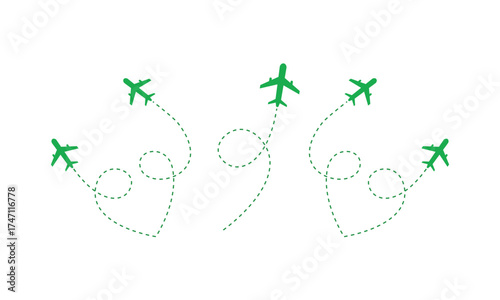 Abstract digital art illustration of glowing green airplanes in flight forming a symmetrical pattern isolated on transparent background