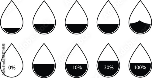 Droplet icons showing liquid levels, hydration indicators, percentage fill symbols, fluid measurement graphics, battery status, infographic design elements