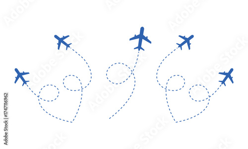 Abstract glowing blue airplanes flying in formation with dotted flight paths on a dark background isolated on transparent background
