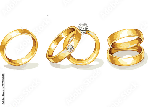 Gold rings collection, wedding and engagement symbols, stacked bands, diamond ring illustration, minimalist jewelry design, love and celebration concept