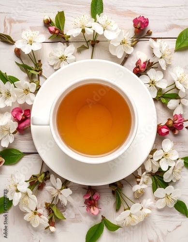 A cup of tea surrounded by spring blossoms