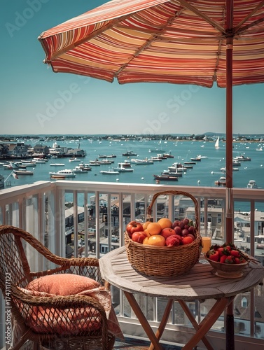 A rooftop balcony offers a serene view of a bustling harbor with colorful boats and a striped umbrella a basket of fruit rests on the table