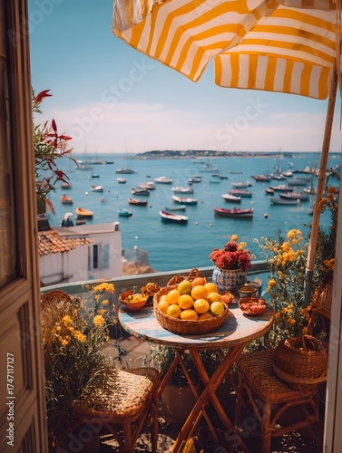 Rooftop balcony with a vibrant view of a colorful harbor boats umbrella and fruit embodying a serene coastal summer atmosphere